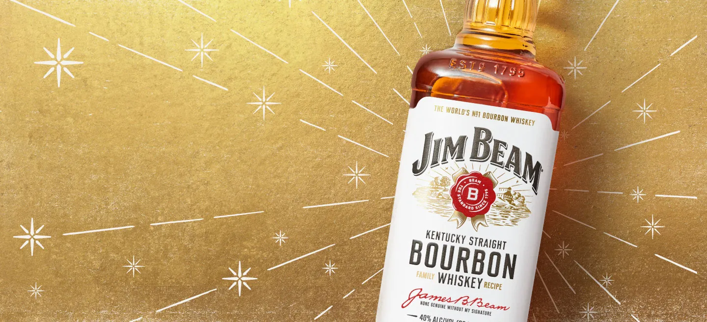 Jim Beam bottle with a Friendsmas background